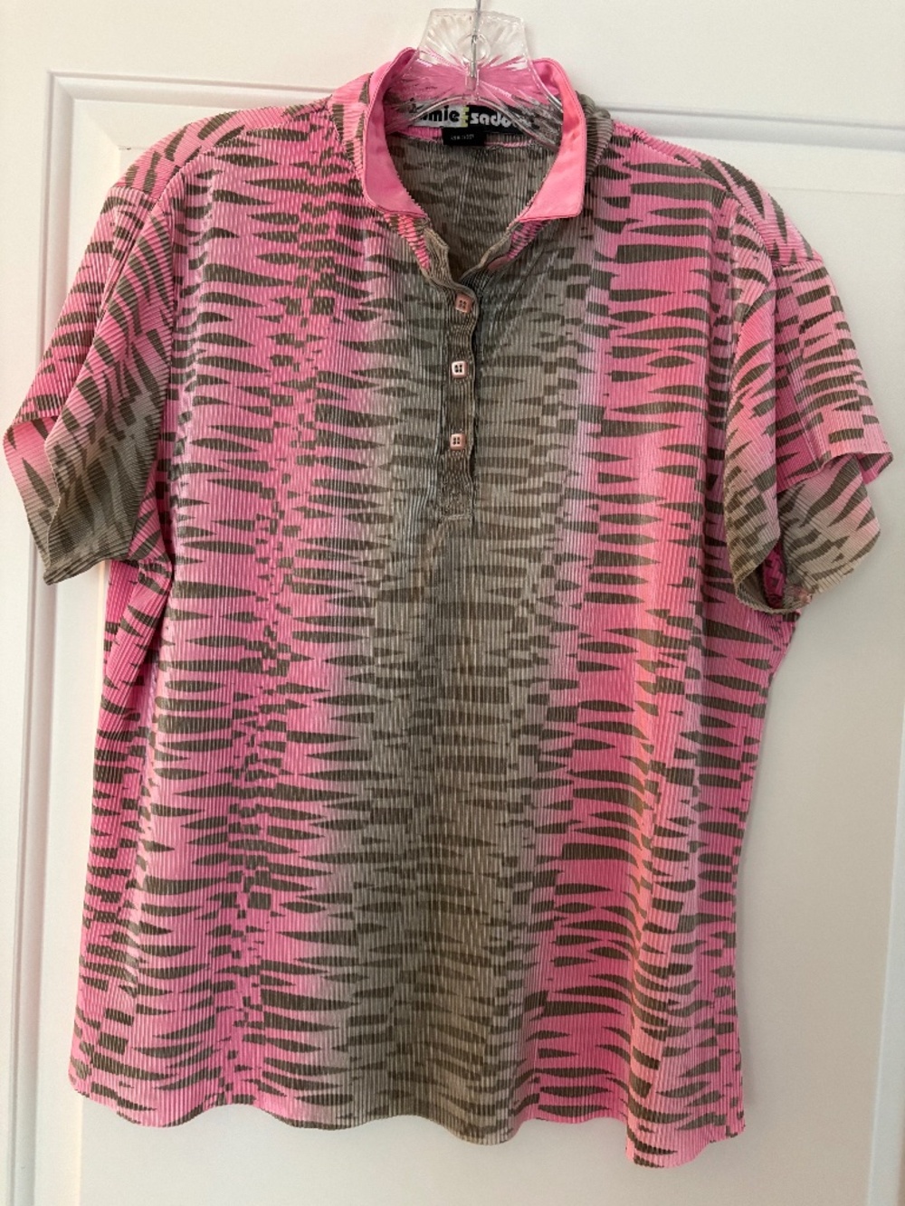 Jamie Sadock Crinkle Short Sleeve Button Up Polo Golf Shirt Pink Women’s Large